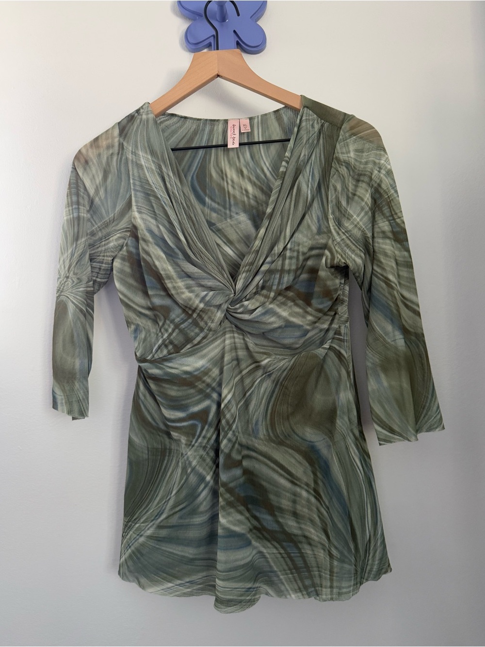 Sweet Pea XL Green Blouse 3/4 Sleeve Ruch Fitted Goblin Forest Mesh Abstract
